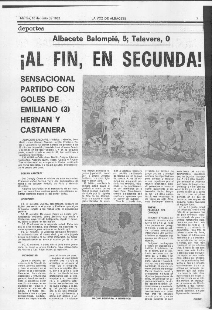 Crónica del partido decisivo ante el Talavera de La Voz de Albacete (15-06-1982)